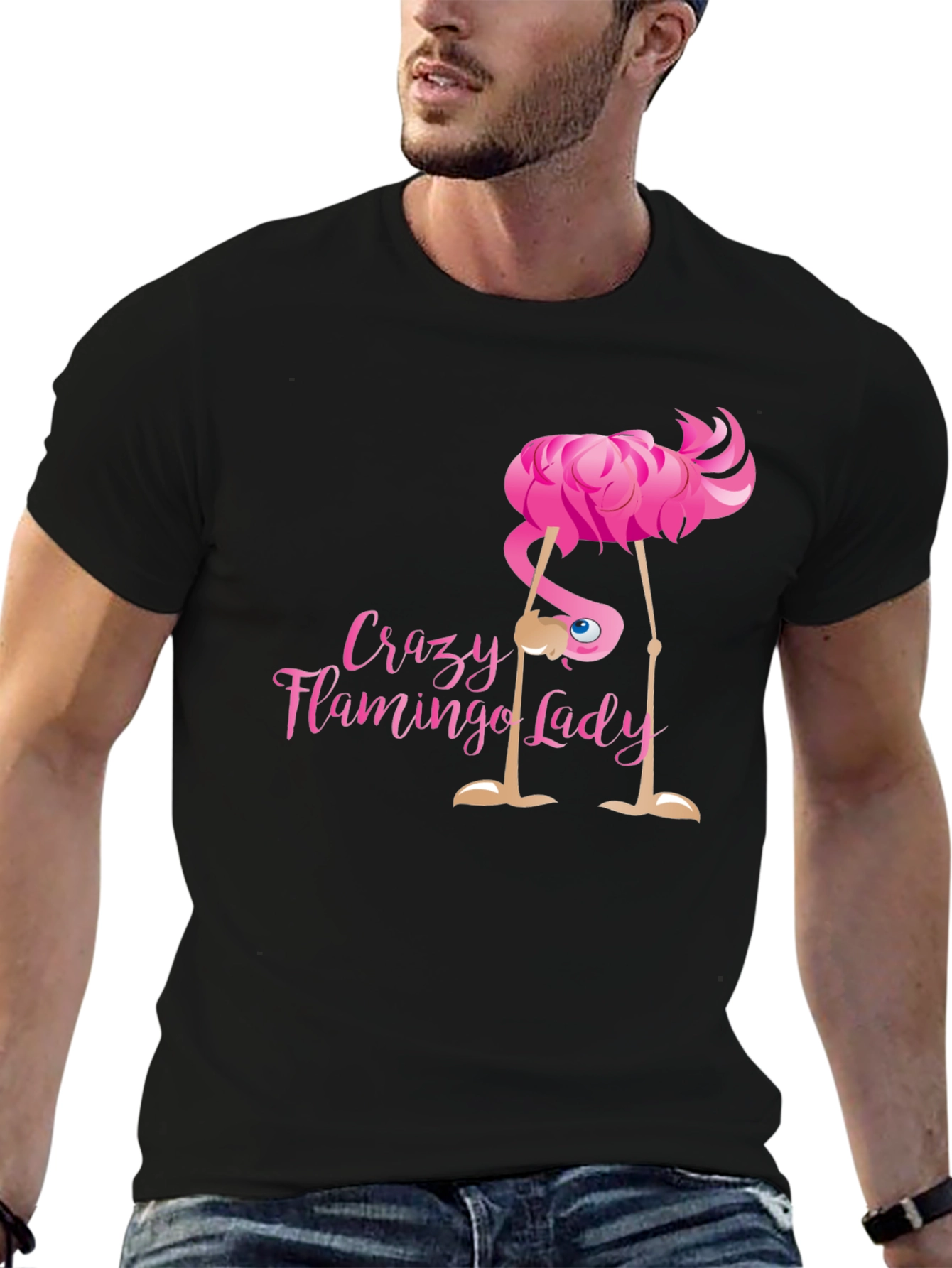 Crazy Flamingo Lady Black T-Shirt Novelty Graphic Tee