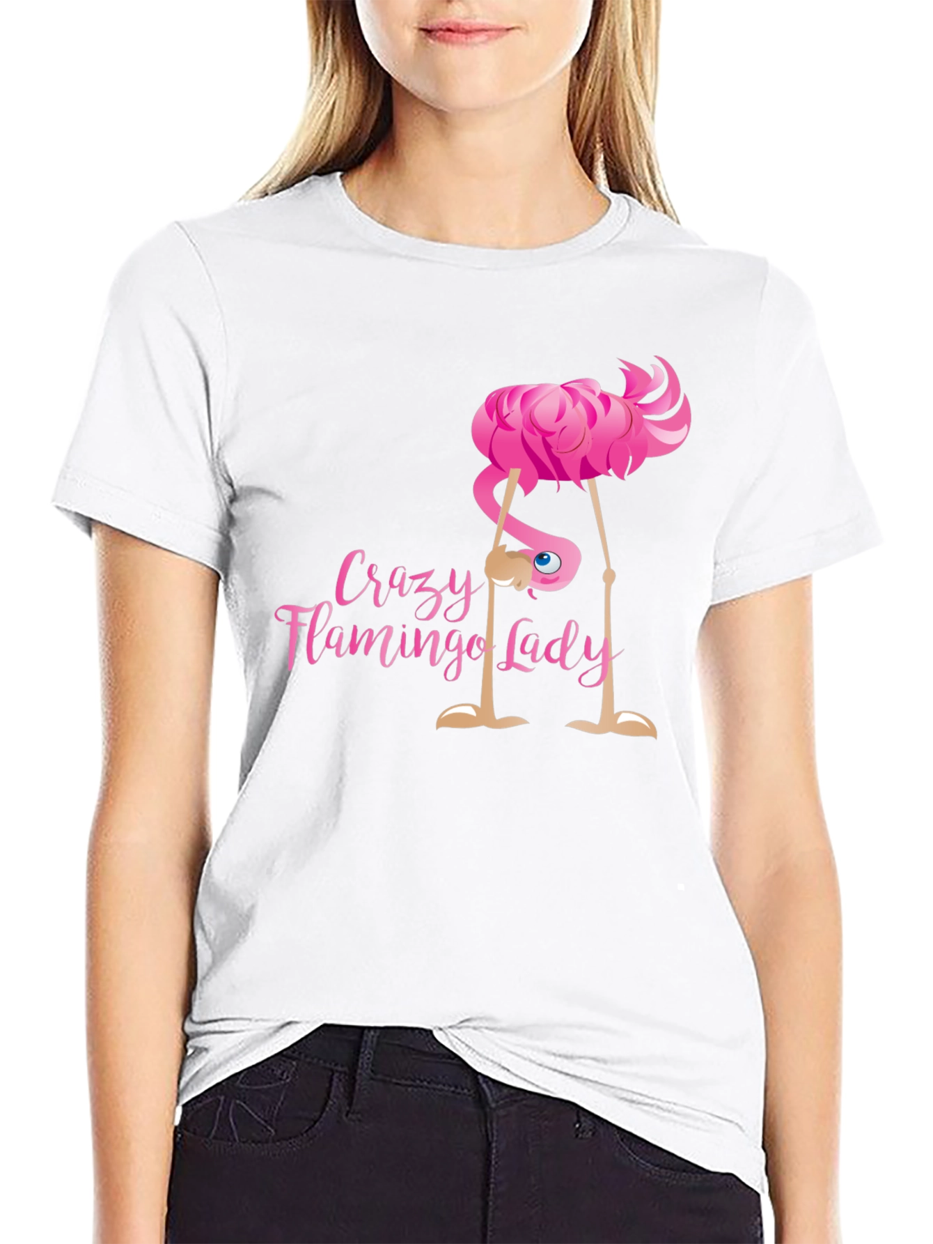 Crazy Flamingo Lady Black T-Shirt Novelty Graphic Tee