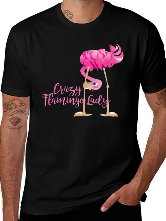 Crazy Flamingo Lady Black T-Shirt Novelty Graphic Tee