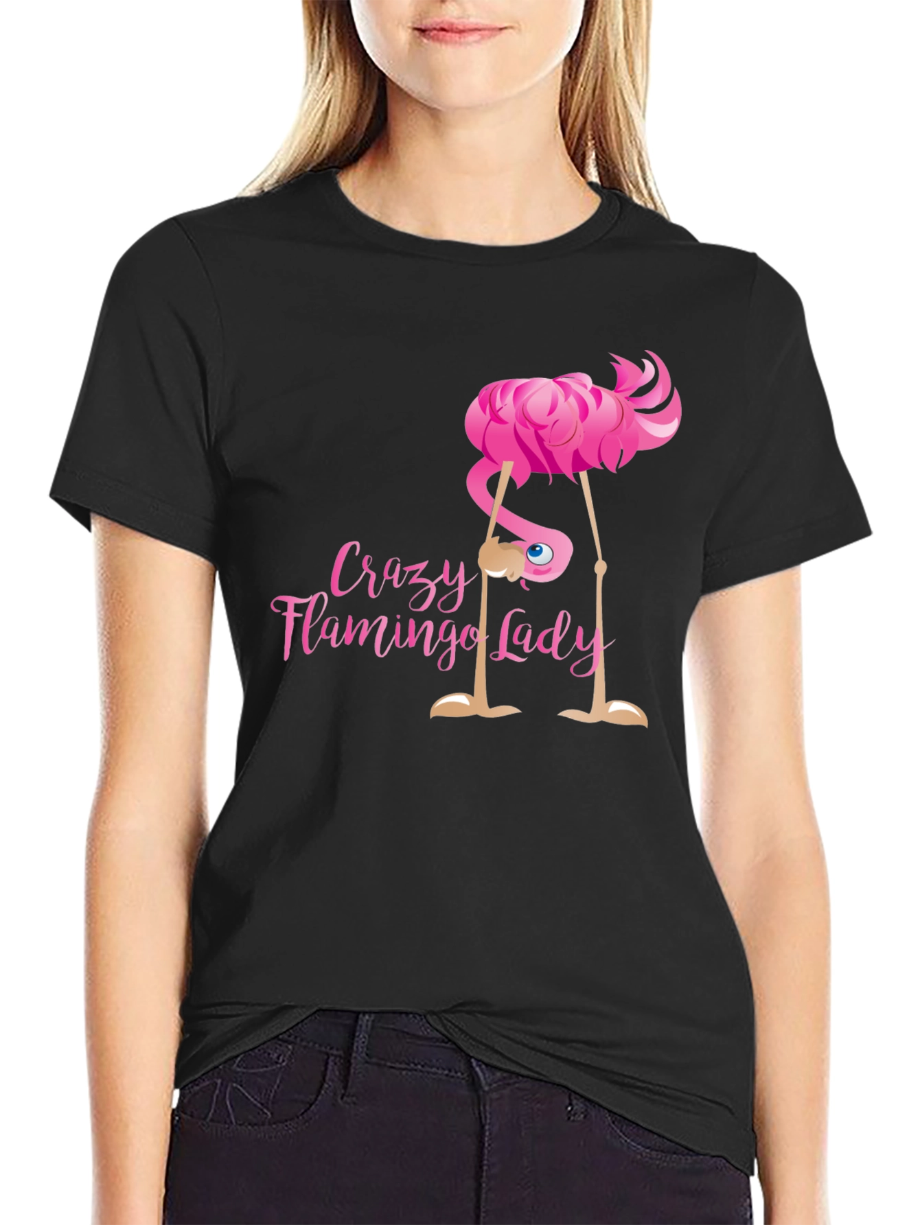 Crazy Flamingo Lady Black T-Shirt Novelty Graphic Tee