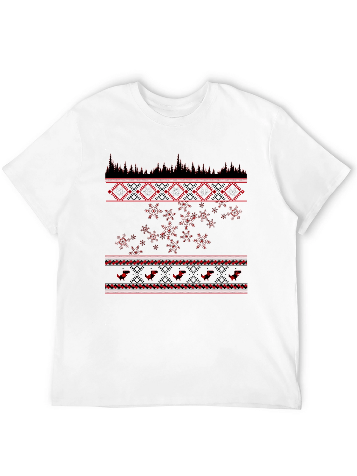 Festive Black T-Shirt with Red Winter Pattern