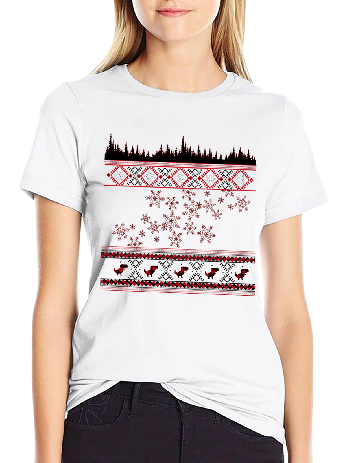Festive Black T-Shirt with Red Winter Pattern