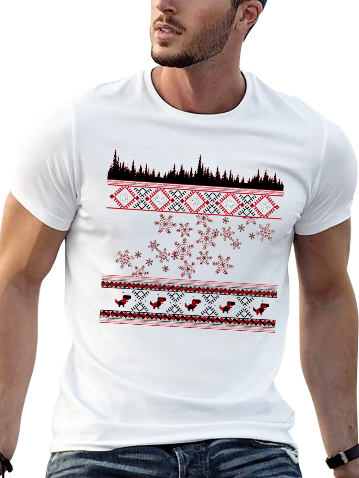 Festive Black T-Shirt with Red Winter Pattern
