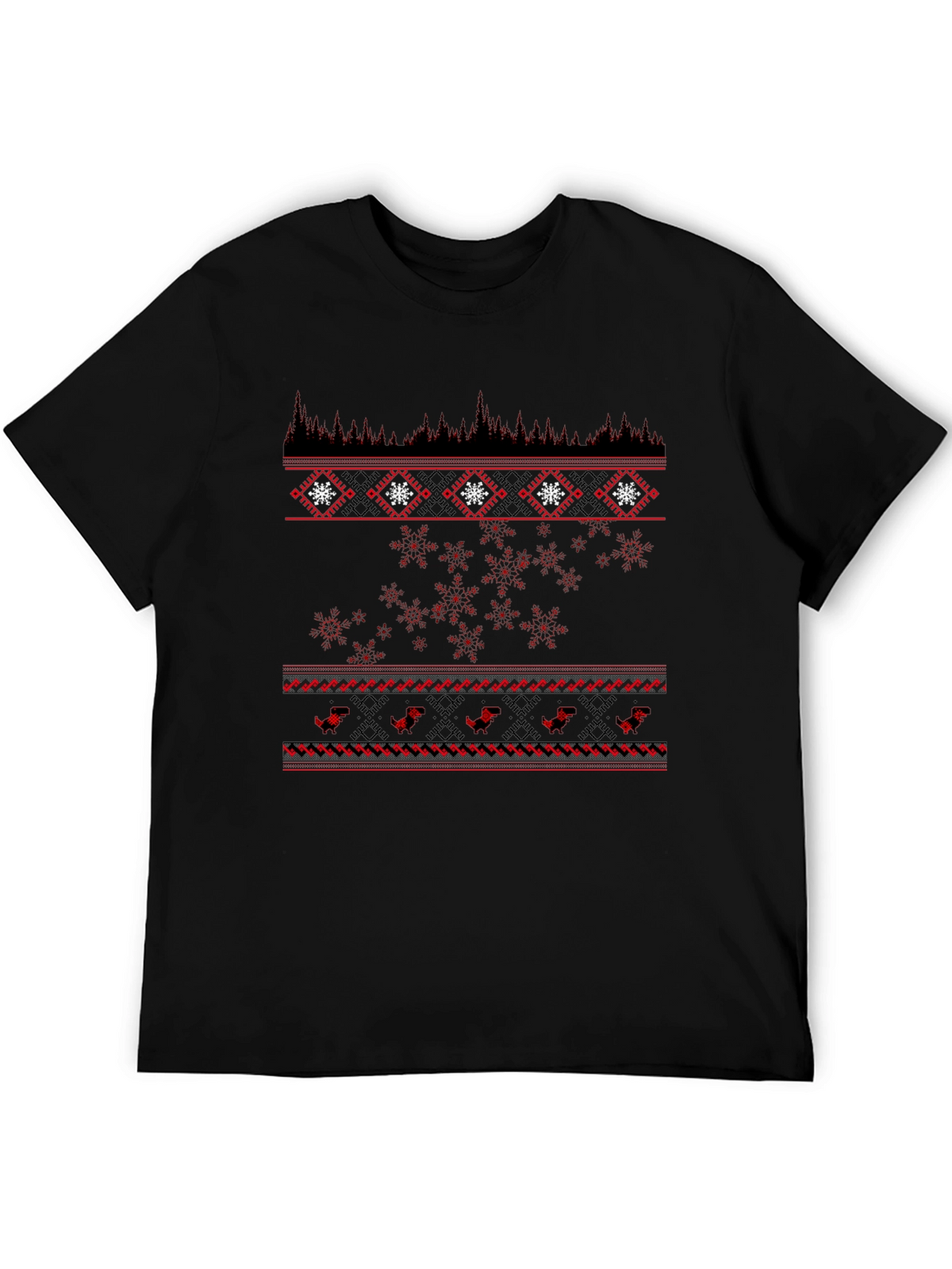 Festive Black T-Shirt with Red Winter Pattern