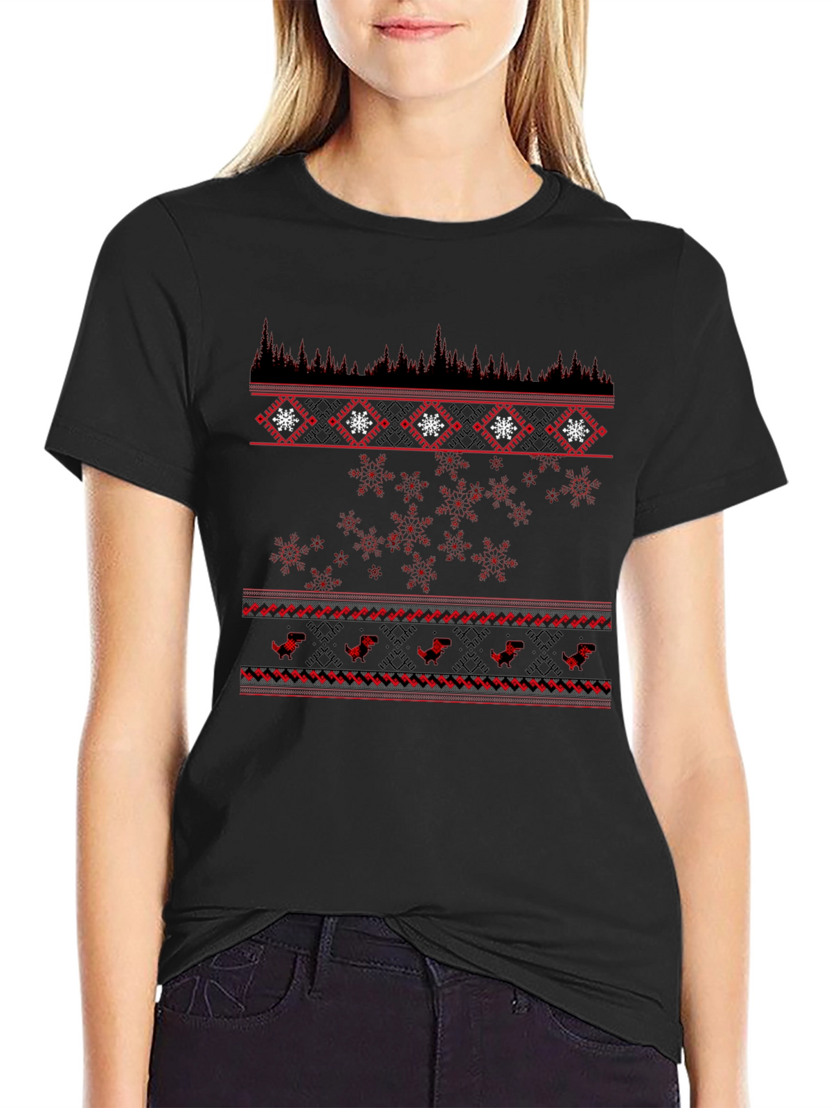 Festive Black T-Shirt with Red Winter Pattern