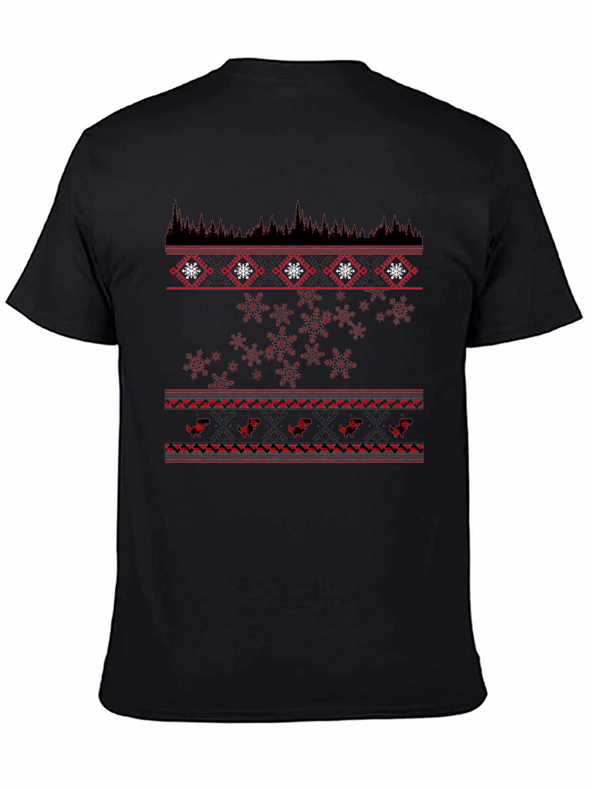 Festive Black T-Shirt with Red Winter Pattern