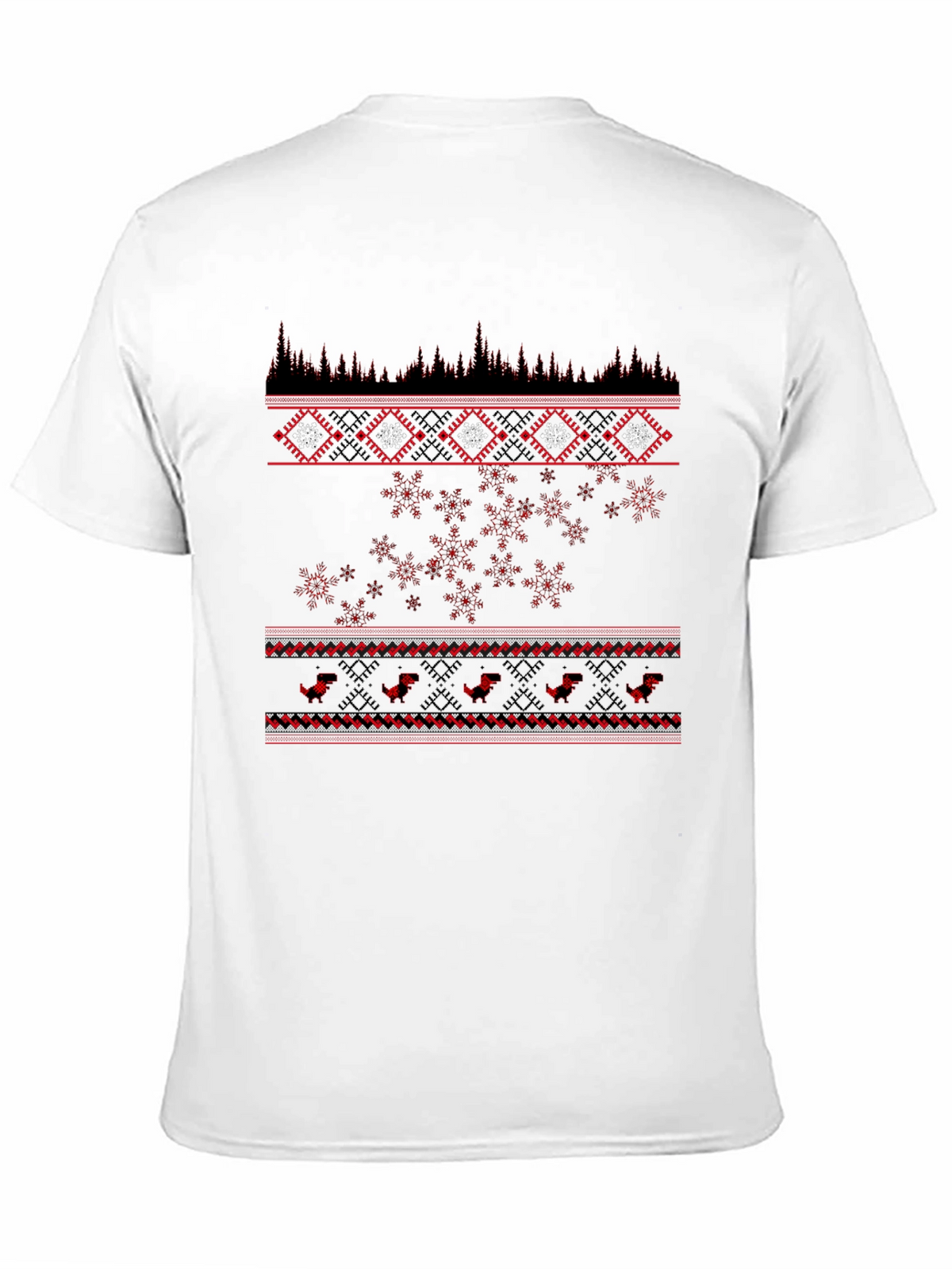Festive Black T-Shirt with Red Winter Pattern