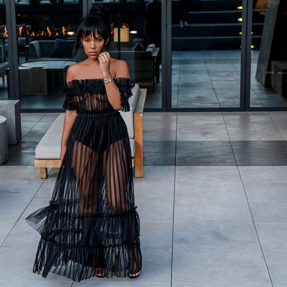 Sexy See-Through Mesh Off-Shoulder Short Sleeve Nightclub Dress