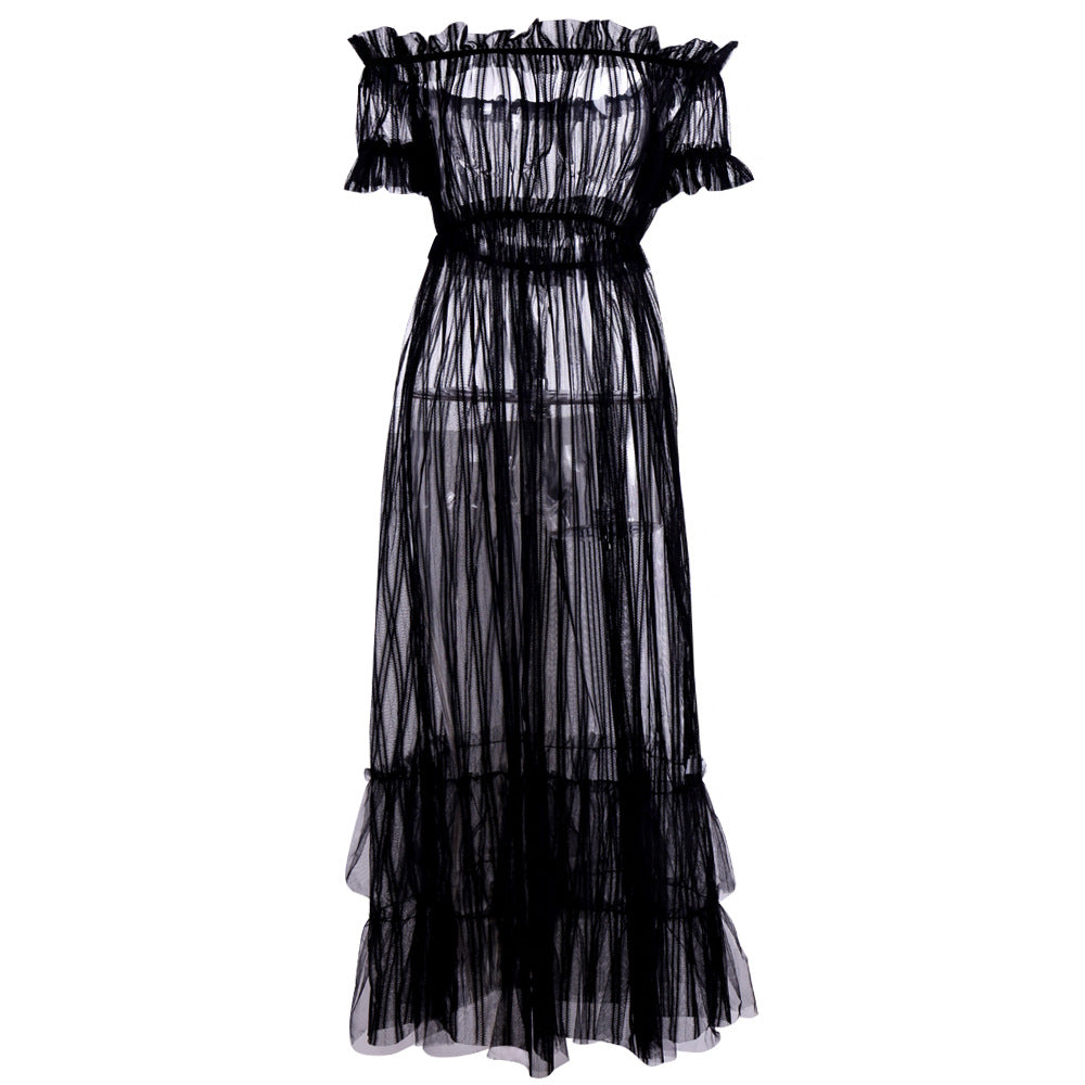 Sexy See-Through Mesh Off-Shoulder Short Sleeve Nightclub Dress