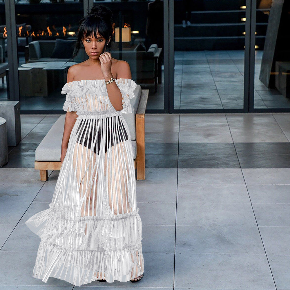 Sexy See-Through Mesh Off-Shoulder Short Sleeve Nightclub Dress