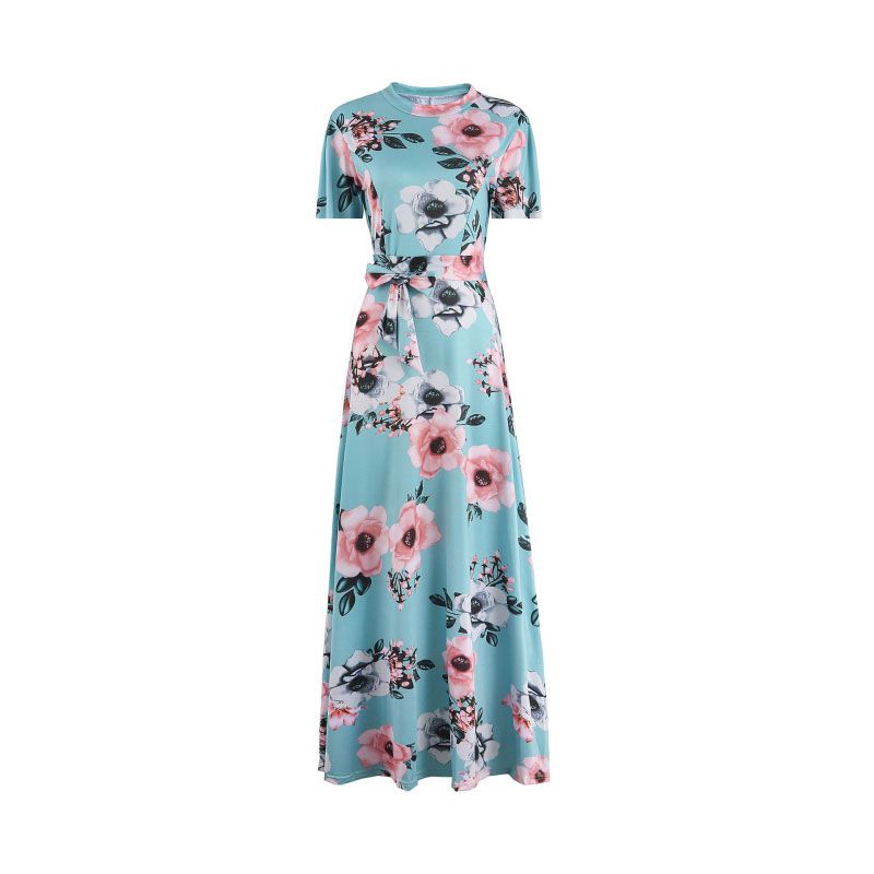 Women's Lace-Up Floral Printed Short Sleeve Maxi Dress