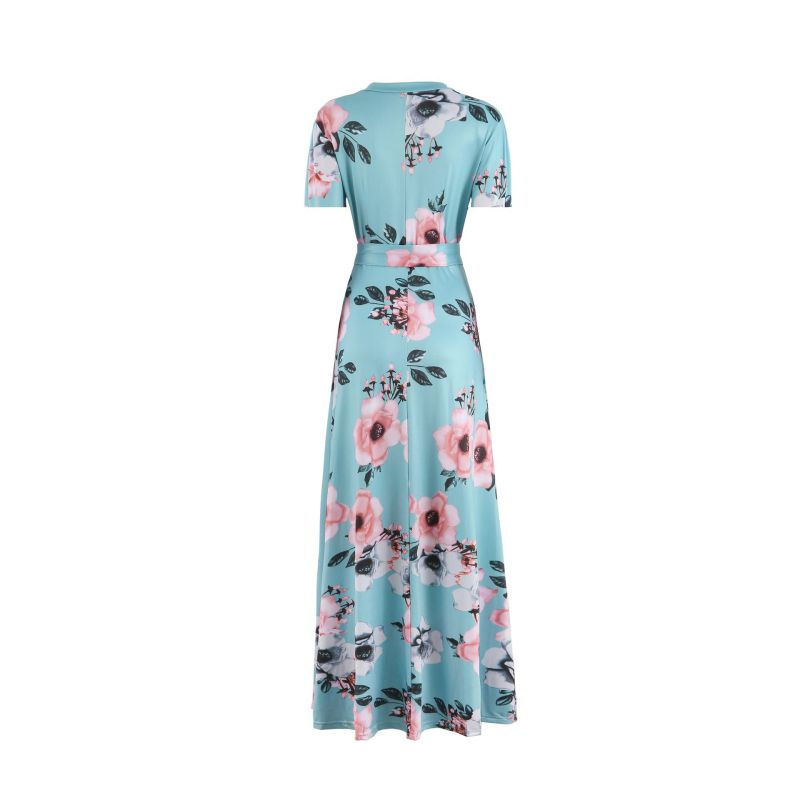 Women's Lace-Up Floral Printed Short Sleeve Maxi Dress