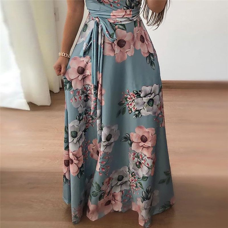 Women's Lace-Up Floral Printed Short Sleeve Maxi Dress