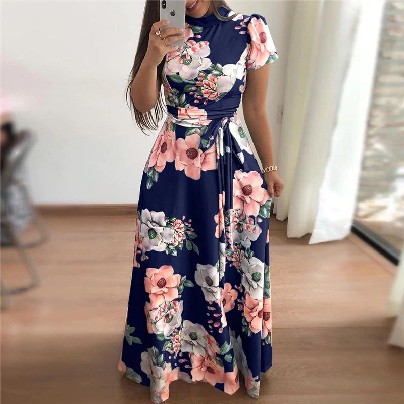 Women's Lace-Up Floral Printed Short Sleeve Maxi Dress