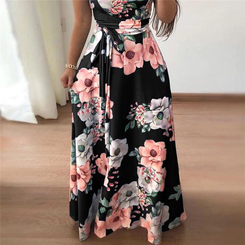 Women's Lace-Up Floral Printed Short Sleeve Maxi Dress
