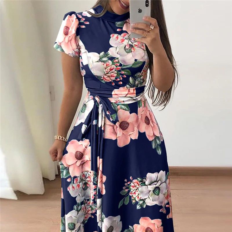 Women's Lace-Up Floral Printed Short Sleeve Maxi Dress