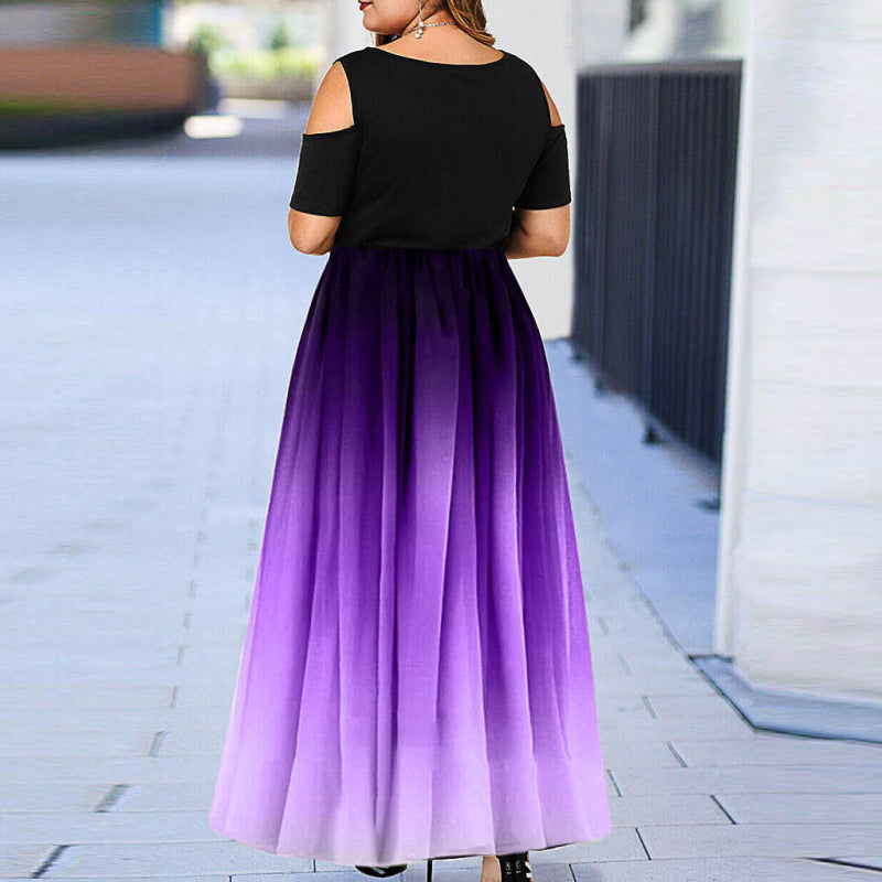 Women's L-6XL Plus Size Round Collar Gradient Color Cool-Shoulder Dress