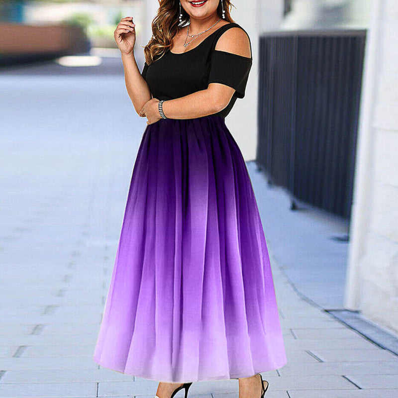 Women's L-6XL Plus Size Round Collar Gradient Color Cool-Shoulder Dress
