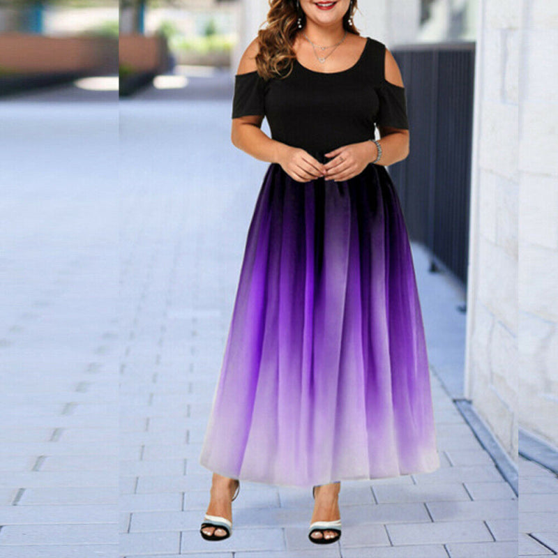 Women's L-6XL Plus Size Round Collar Gradient Color Cool-Shoulder Dress