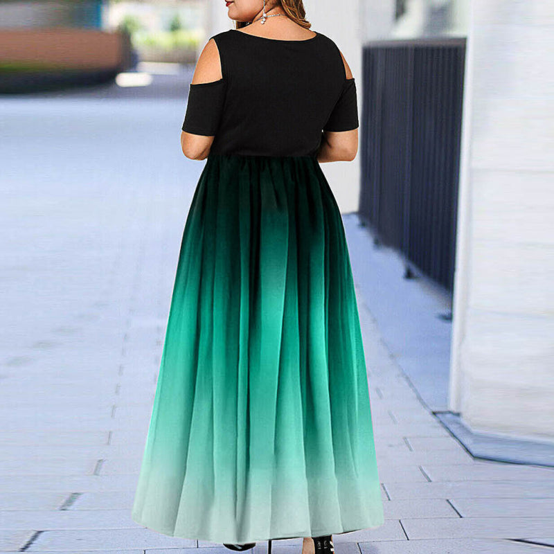 Women's L-6XL Plus Size Round Collar Gradient Color Cool-Shoulder Dress