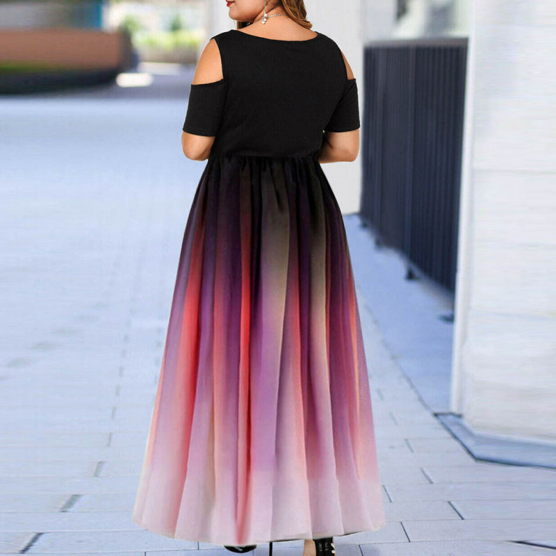 Women's L-6XL Plus Size Round Collar Gradient Color Cool-Shoulder Dress