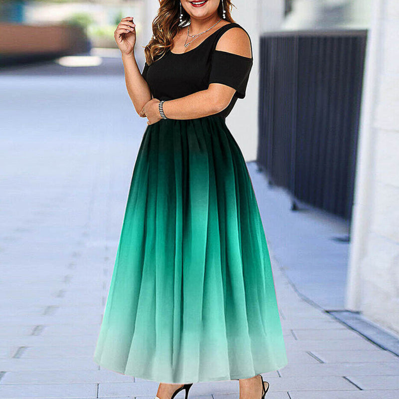 Women's L-6XL Plus Size Round Collar Gradient Color Cool-Shoulder Dress