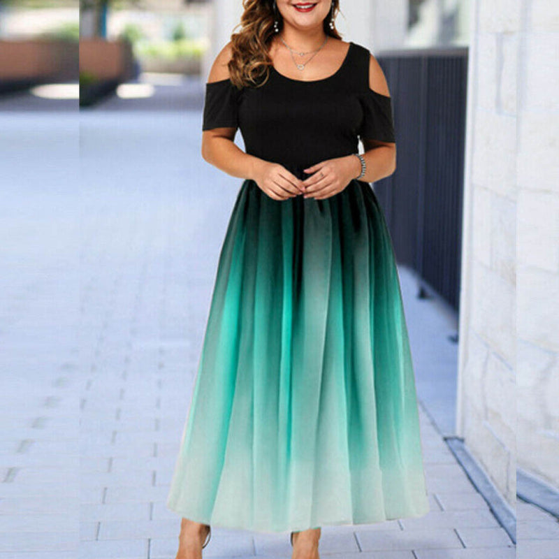 Women's L-6XL Plus Size Round Collar Gradient Color Cool-Shoulder Dress