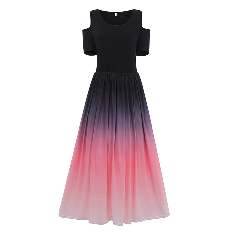 Women's L-6XL Plus Size Round Collar Gradient Color Cool-Shoulder Dress