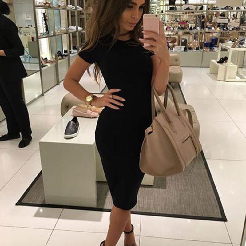 Solid Color Short Sleeve Round Collar Bodycon Dress