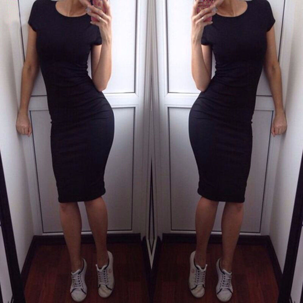 Solid Color Short Sleeve Round Collar Bodycon Dress
