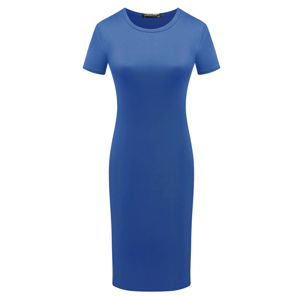 Solid Color Short Sleeve Round Collar Bodycon Dress