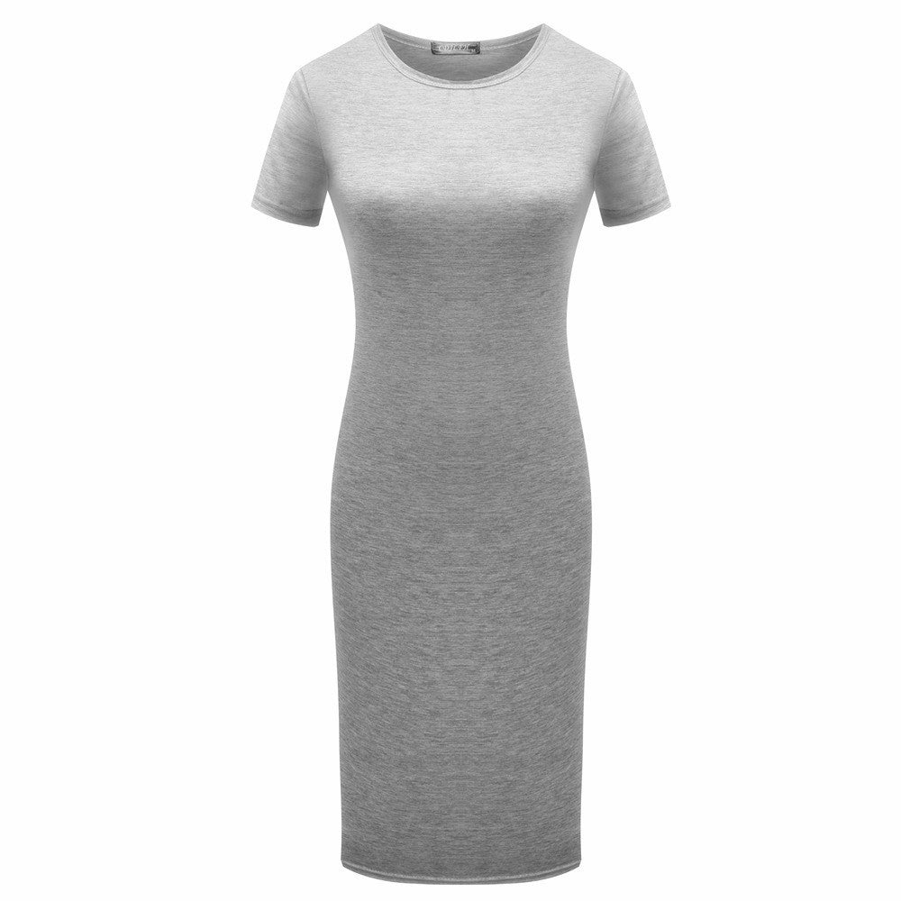 Solid Color Short Sleeve Round Collar Bodycon Dress