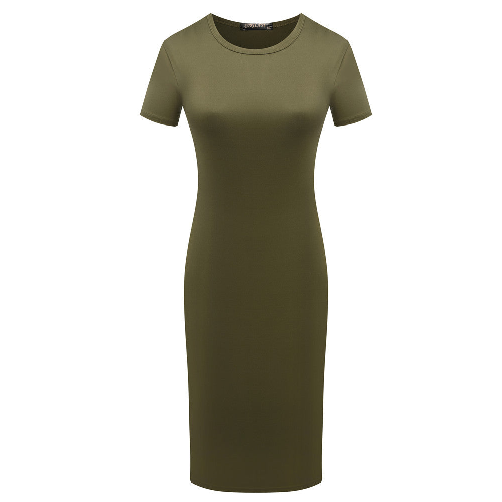 Solid Color Short Sleeve Round Collar Bodycon Dress