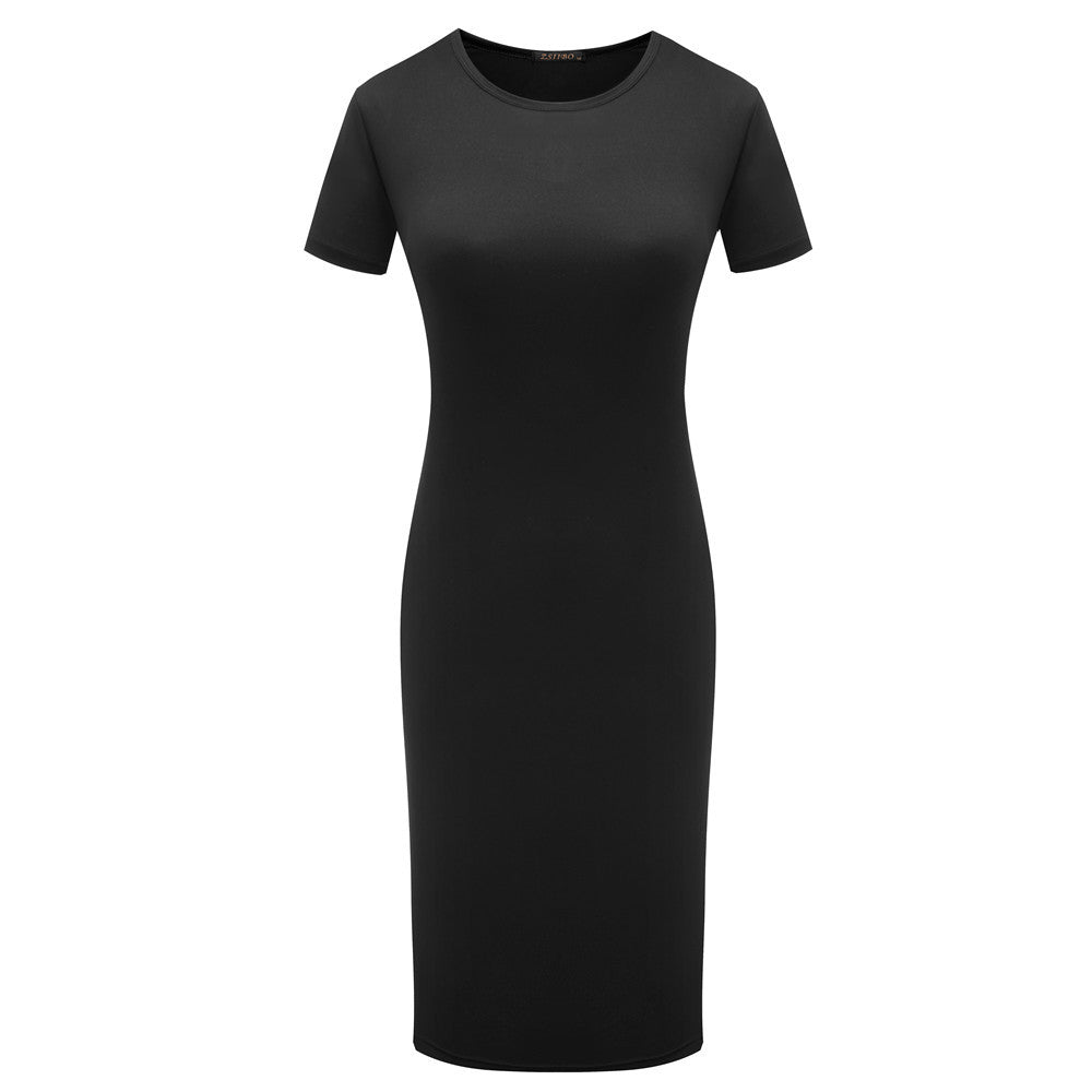 Solid Color Short Sleeve Round Collar Bodycon Dress