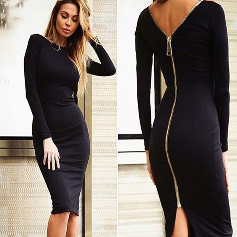 Sexy Solid Color Round Neckline Long Sleeve Back Zipper Bodycon Dress