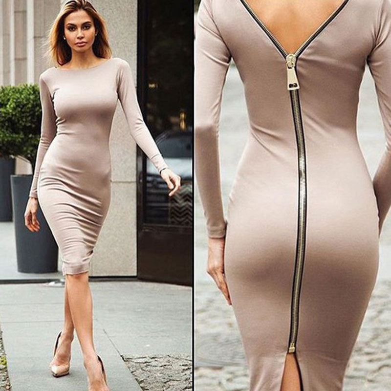 Sexy Solid Color Round Neckline Long Sleeve Back Zipper Bodycon Dress