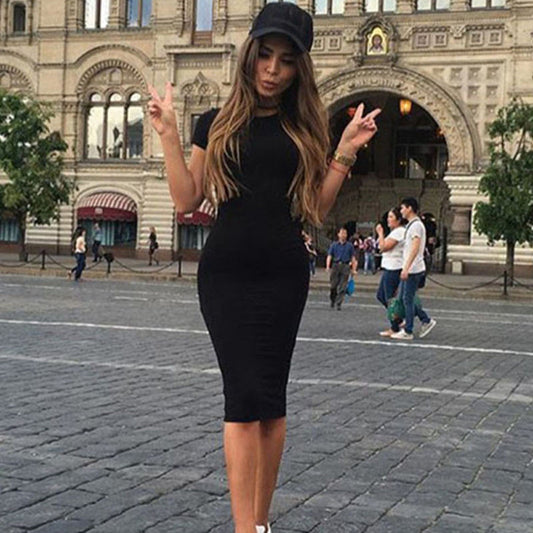 Solid Color Short Sleeve Round Collar Bodycon Dress
