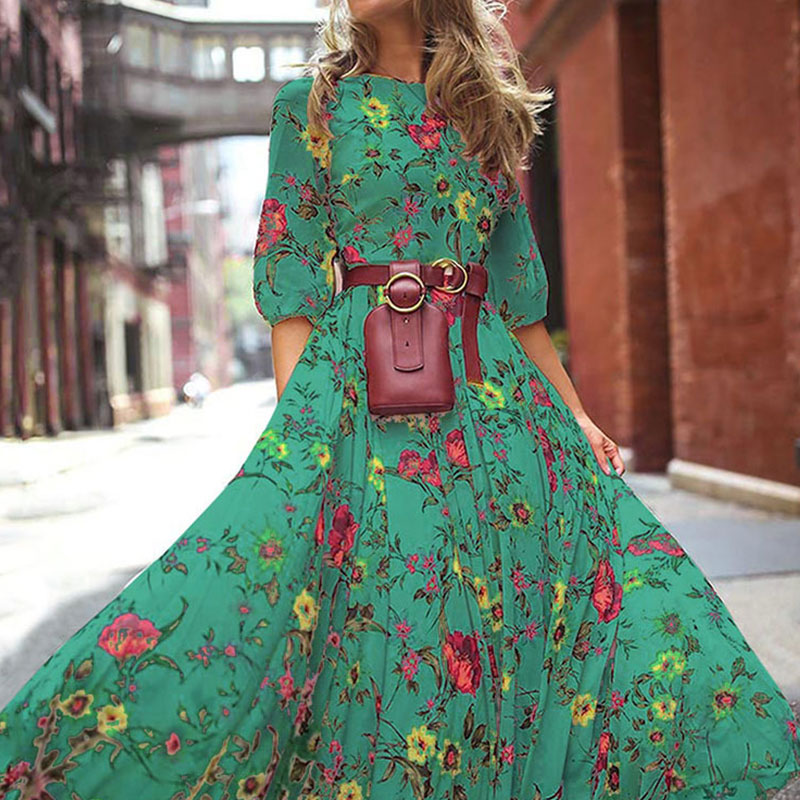 Round Neckline Floral Printed Casual Maxi Boho Dress