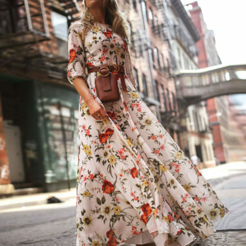 Round Neckline Floral Printed Casual Maxi Boho Dress