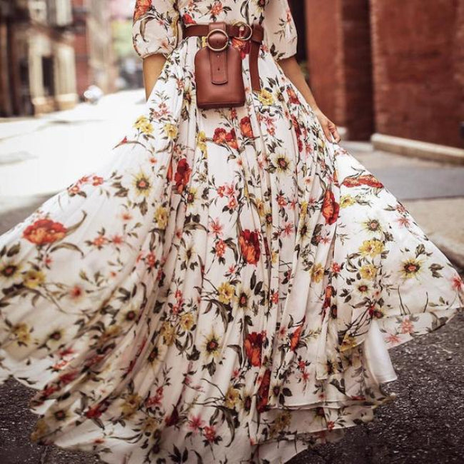 Round Neckline Floral Printed Casual Maxi Boho Dress