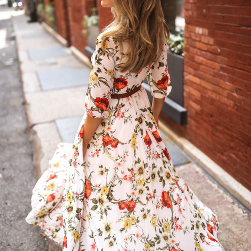 Round Neckline Floral Printed Casual Maxi Boho Dress