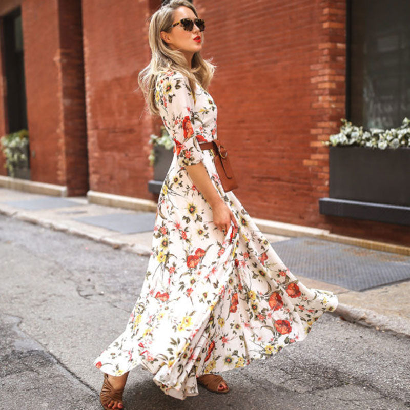 Round Neckline Floral Printed Casual Maxi Boho Dress