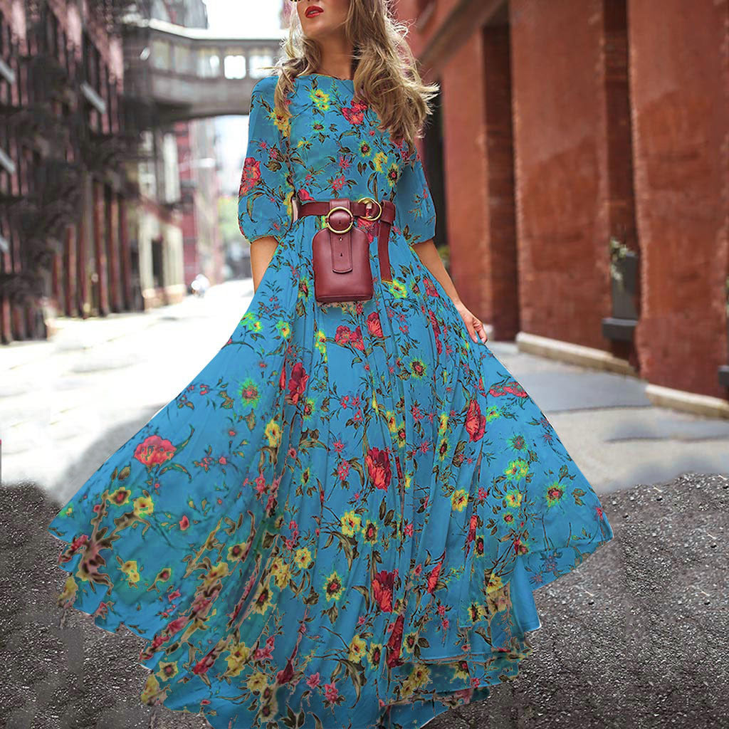 Round Neckline Floral Printed Casual Maxi Boho Dress