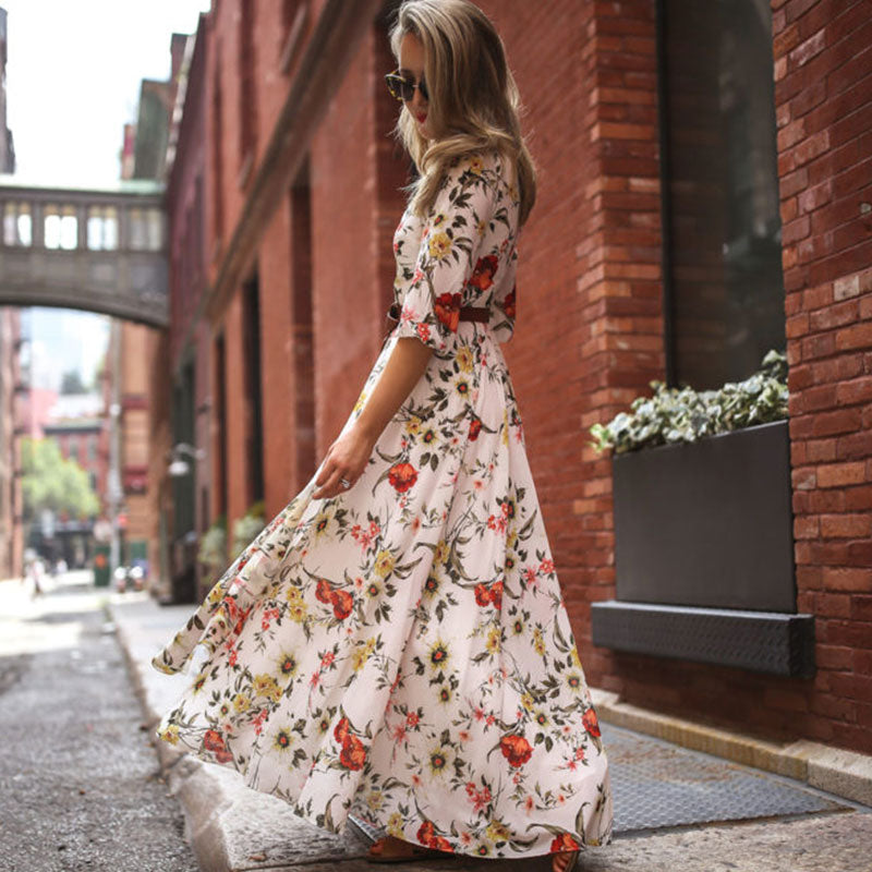 Round Neckline Floral Printed Casual Maxi Boho Dress