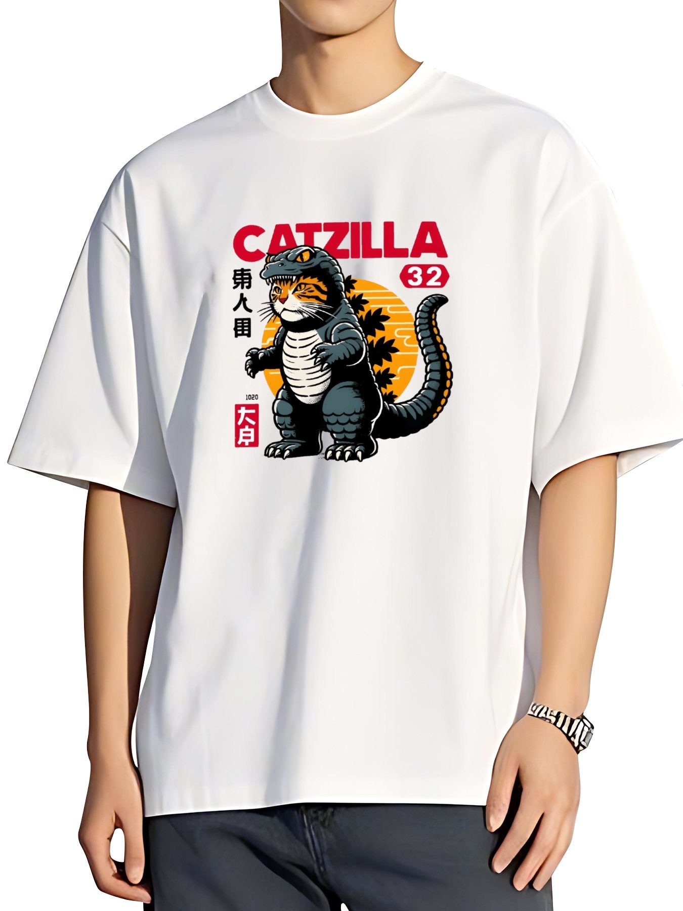 T-shirt Cat Godzilla Vintage Wash Japanese Design T-Shirt