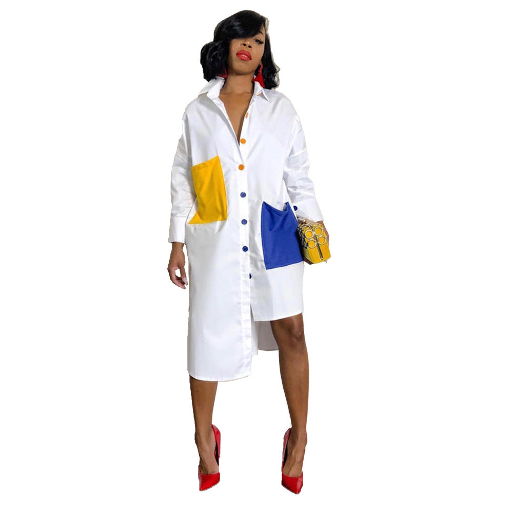 Color Blocking Single-Breasted Lapel Long Sleeve Irregular Hem Casual Dress