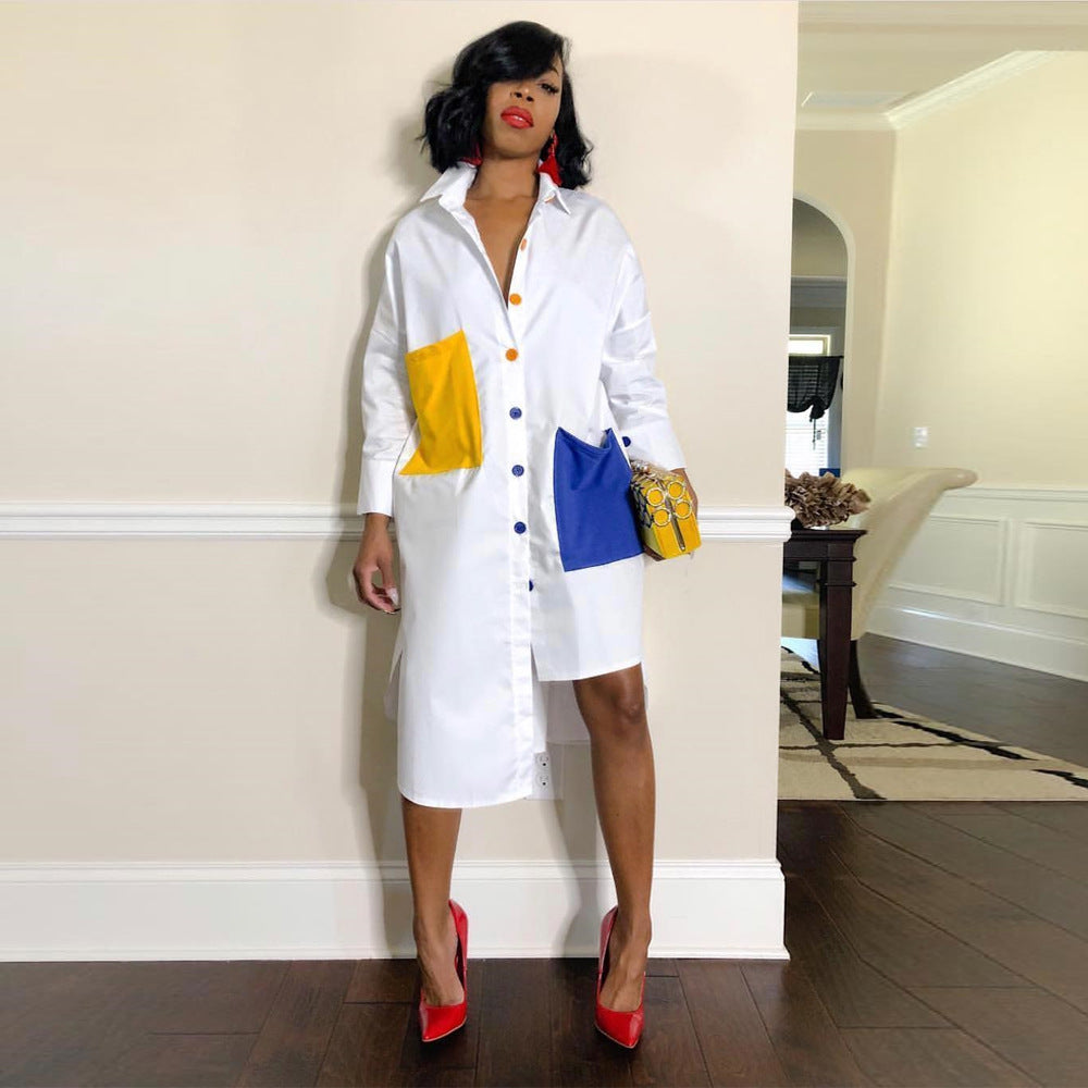 Color Blocking Single-Breasted Lapel Long Sleeve Irregular Hem Casual Dress