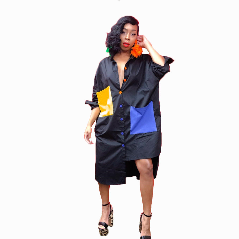 Color Blocking Single-Breasted Lapel Long Sleeve Irregular Hem Casual Dress