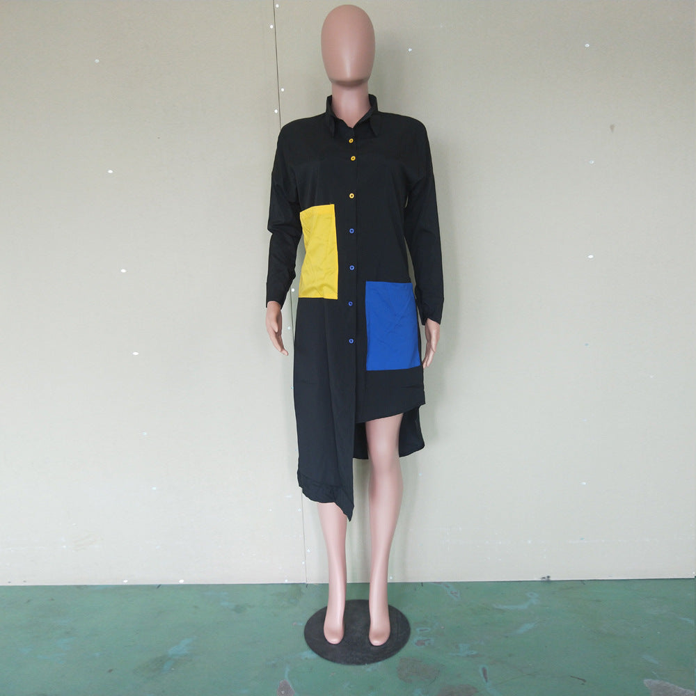 Color Blocking Single-Breasted Lapel Long Sleeve Irregular Hem Casual Dress