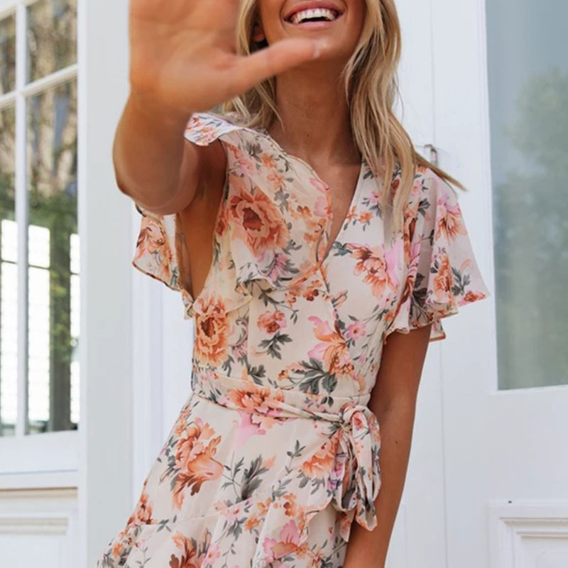 V-Neck Lace-Up Floral Print Boho Ruffle Dress